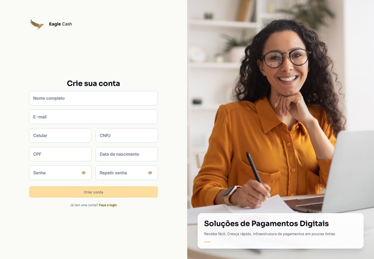 Tela de cadastro da Eagle Cash