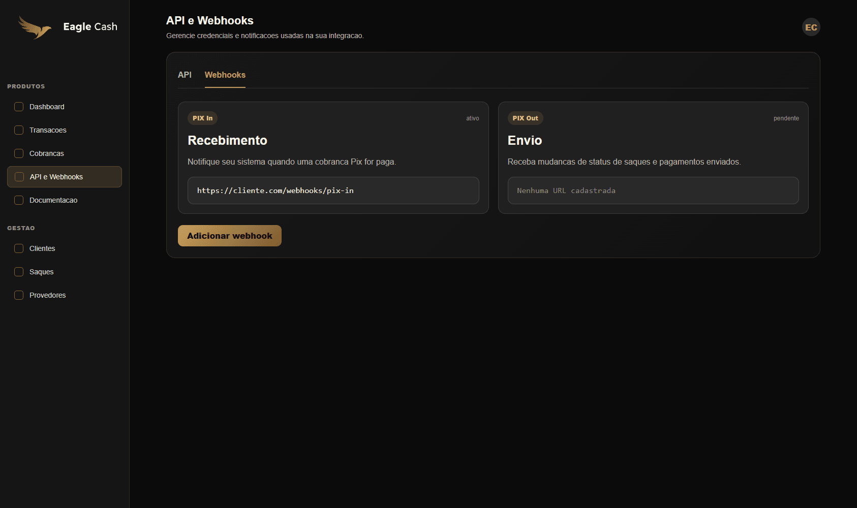 Tela de webhooks com os grupos Pix In e Pix Out